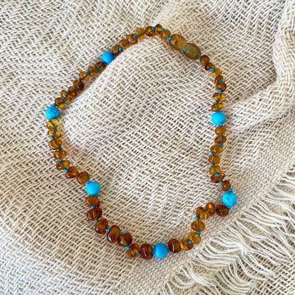 Colar de Âmbar - Cognac e Azul