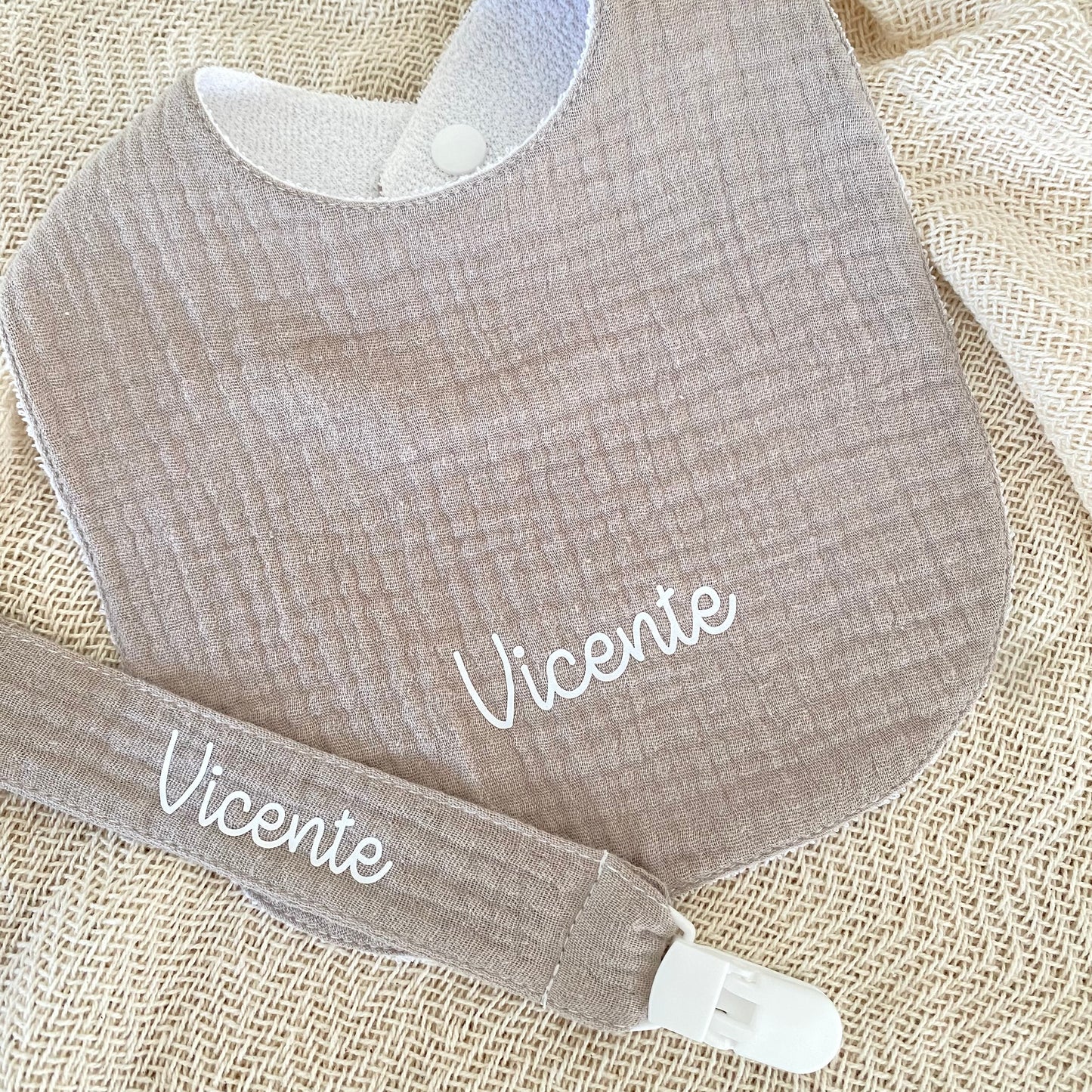 PENELOPE TAUPE SET (Bib and Paci Holder)