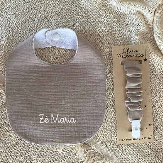 PENELOPE TAUPE SET (Bib and Paci Holder)